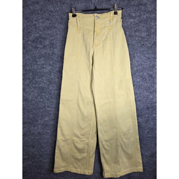We The Free Pant Women 25 Yellow libre High Rise Wide Leg Flare Boho Casual Jean - Picture 1 of 12